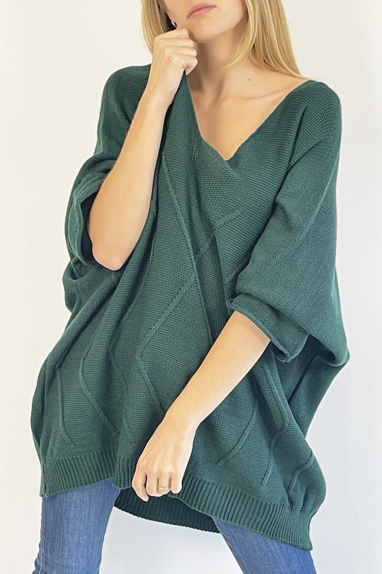 Pull vert long col V ample effet maille avec détail tricot de ligne en relief qui restructure la silhouette - 1