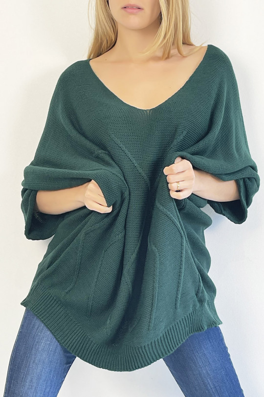 Pull vert long col V ample effet maille avec détail tricot de ligne en relief qui restructure la silhouette - 3