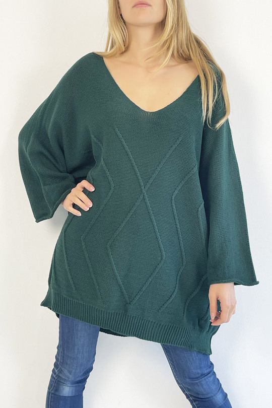 Pull vert long col V ample effet maille avec détail tricot de ligne en relief qui restructure la silhouette - 6