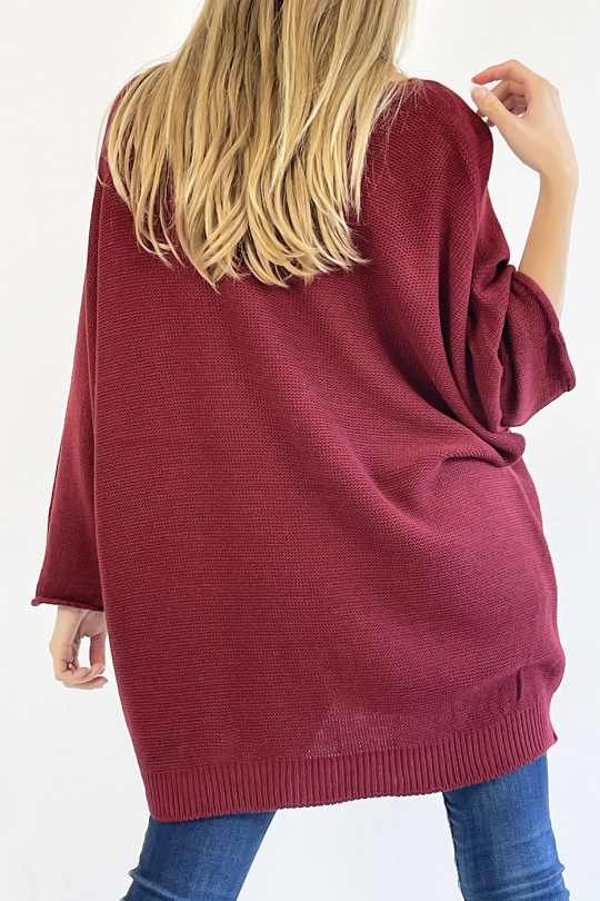 Long burgundy V-neck loose-fitting knit effect sweater with raised line knit detail that restructures the silhouette - 5