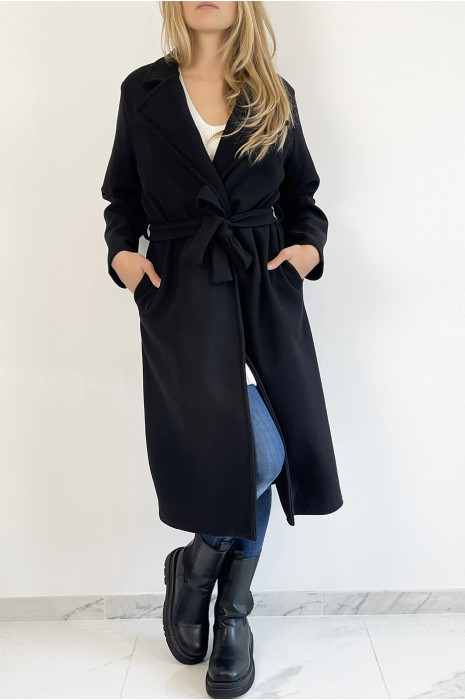 Longue veste noire avec ceinture et poches - 1