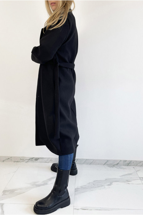 Longue veste noire avec ceinture et poches - 6