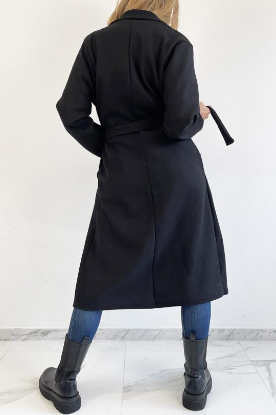 Longue veste noire avec ceinture et poches - 7