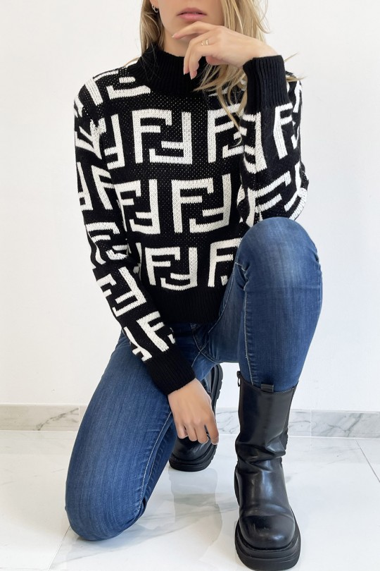 Soft short black sweater with high collar and mirrored F pattern in super trendy black, straight cut - 1