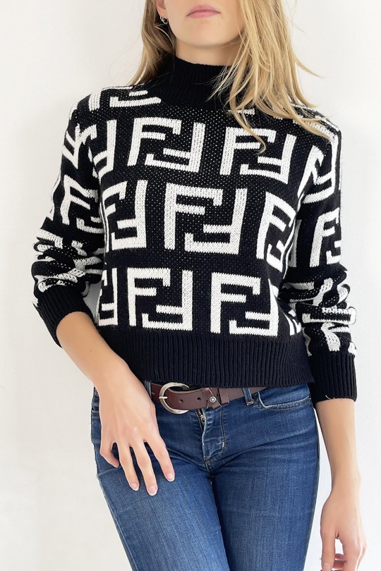 Soft short black sweater with high collar and mirrored F pattern in super trendy black, straight cut - 5