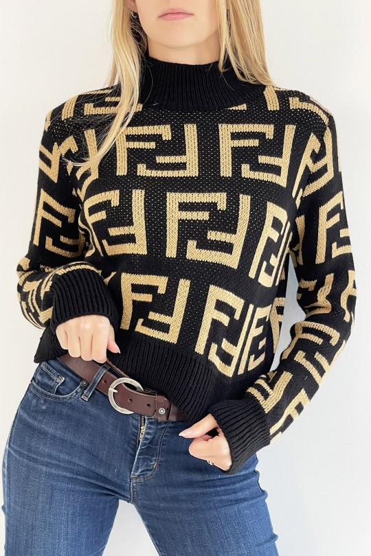 Soft black cropped sweater with high neck and mirror F pattern in super trendy camel straight cut - 1