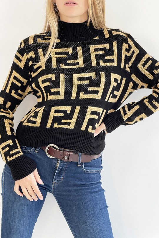 Soft black cropped sweater with high neck and mirror F pattern in super trendy camel straight cut - 2