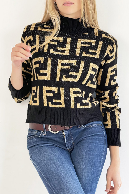 Soft black cropped sweater with high neck and mirror F pattern in super trendy camel straight cut - 3