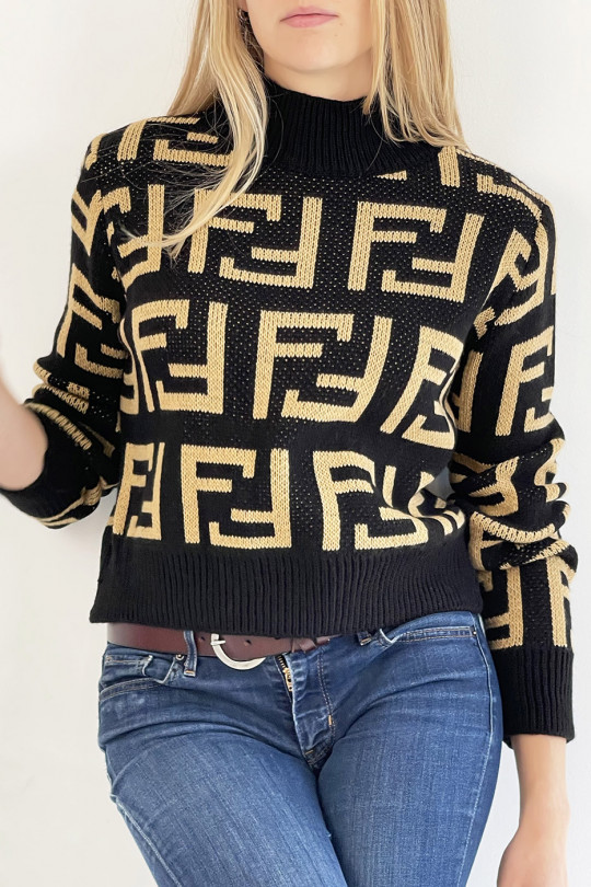 Soft black cropped sweater with high neck and mirror F pattern in super trendy camel straight cut - 4