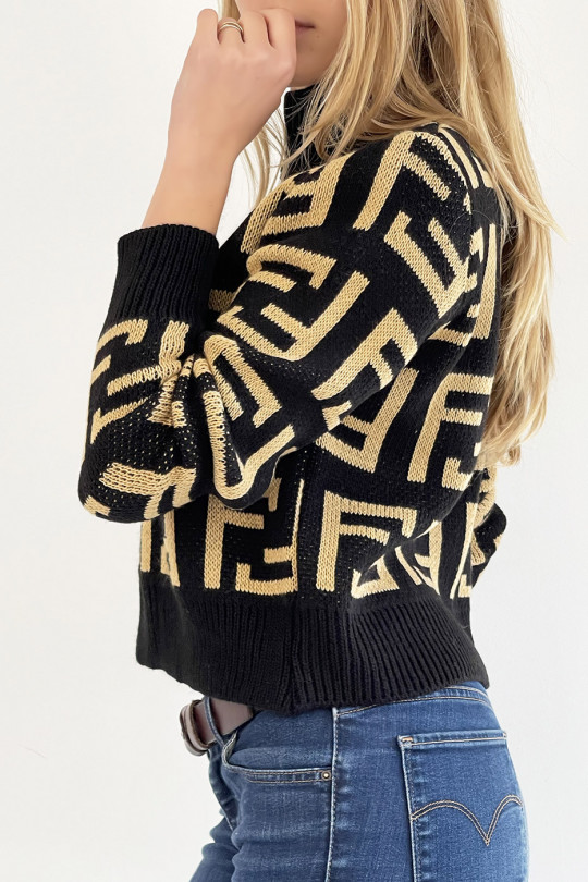 Soft black cropped sweater with high neck and mirror F pattern in super trendy camel straight cut - 5