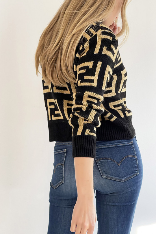 Soft black cropped sweater with high neck and mirror F pattern in super trendy camel straight cut - 6