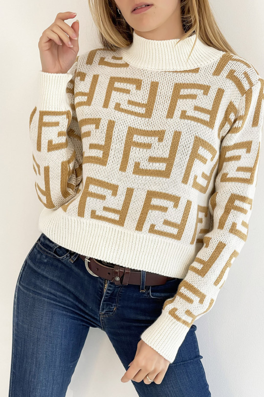 Soft white cropped sweater with high neck and mirror F pattern in super trendy camel straight cut - 1