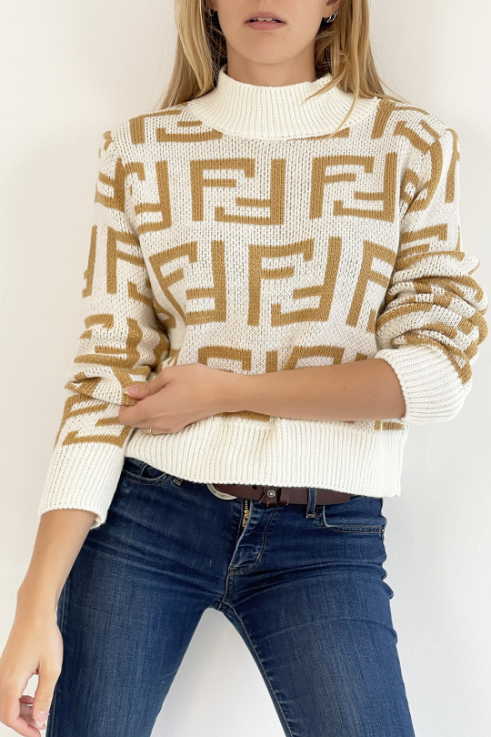 Soft white cropped sweater with high neck and mirror F pattern in super trendy camel straight cut - 2
