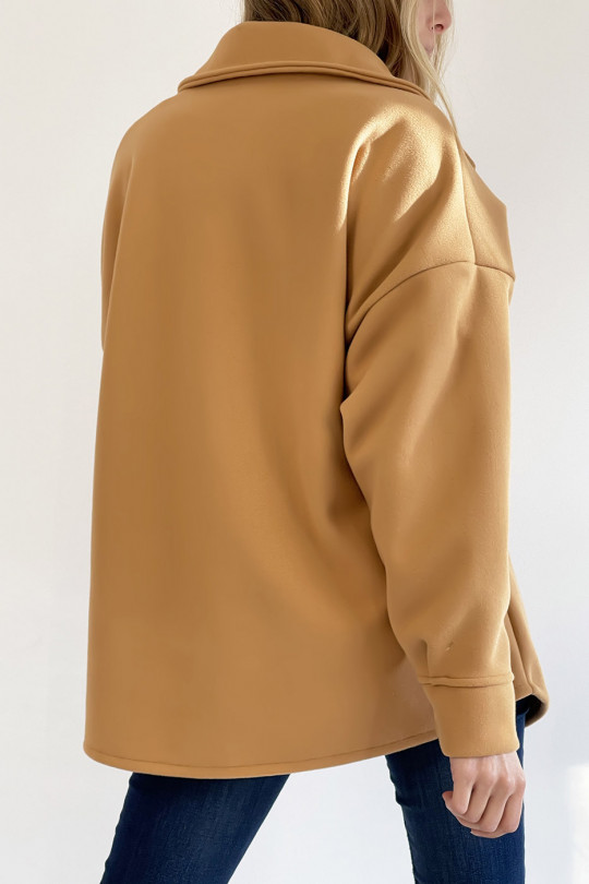 Veste chemise épaisse camel à poche col à revers et boutons noirs hyper tendance - 5