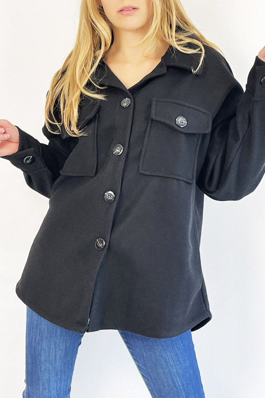 Thick black shirt jacket with lapel collar pocket and hyper trendy black buttons - 1