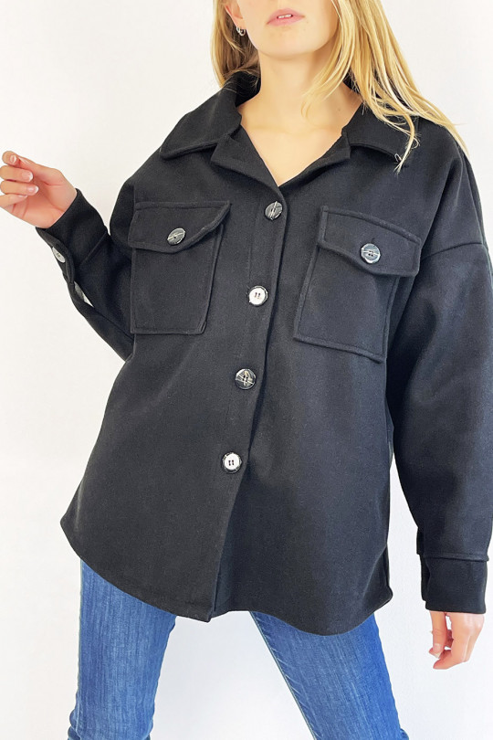 Veste chemise épaisse noire à poche col à revers et boutons noirs hyper tendance - 2