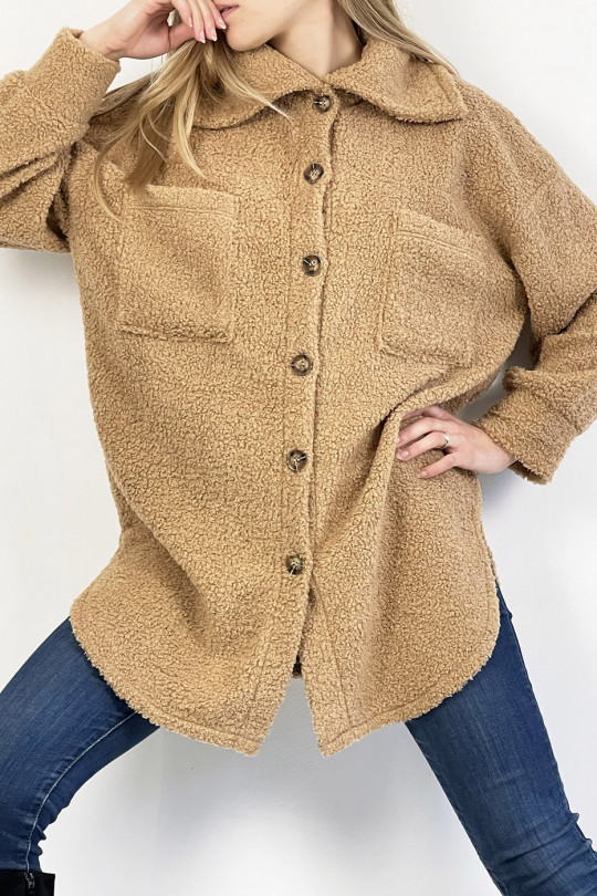 Camel toupee-effect overshirt with large lapel collar pocket and trendy buttons. - 3