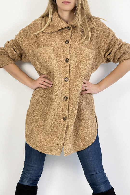 Camel toupee-effect overshirt with large lapel collar pocket and trendy buttons. - 4