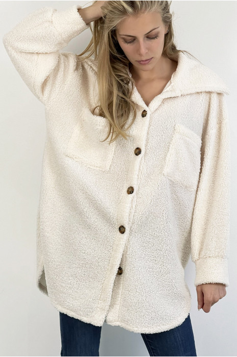 White toupee-effect overshirt with large lapel collar pocket and trendy buttons. - 1