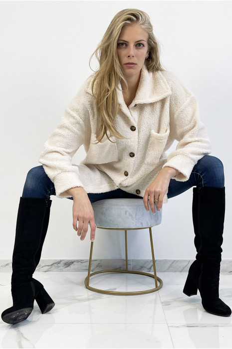 Wit overshirt met toupeteffect met grote zak met reverskraag en trendy knopen. - 3