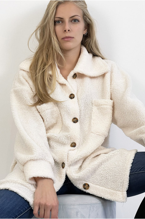 Wit overshirt met toupeteffect met grote zak met reverskraag en trendy knopen. - 4