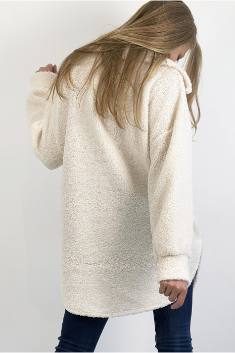 Wit overshirt met toupeteffect met grote zak met reverskraag en trendy knopen. - 6