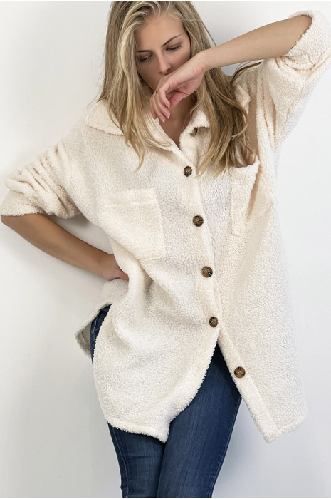 White toupee-effect overshirt with large lapel collar pocket and trendy buttons. - 7