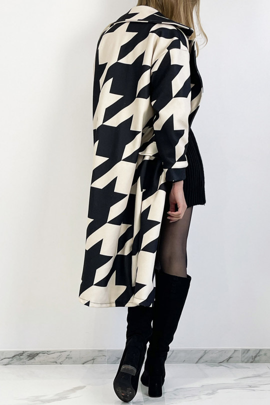 Beige mid-calf length coat with black geometric pattern with side pocket, lapel collar and raglan sleeves. - 2