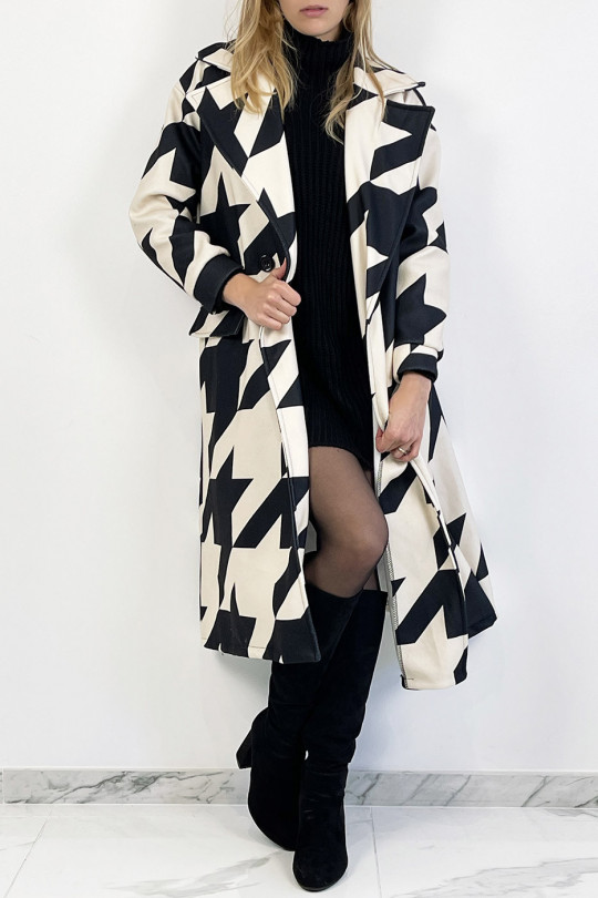 Beige mid-calf length coat with black geometric pattern with side pocket, lapel collar and raglan sleeves. - 3