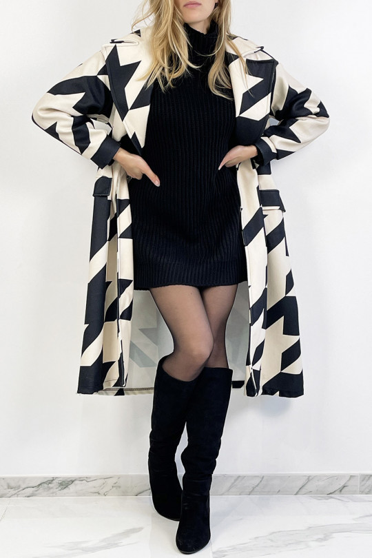 Beige mid-calf length coat with black geometric pattern with side pocket, lapel collar and raglan sleeves. - 4
