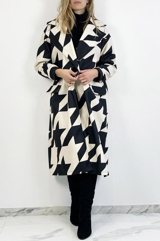 Beige mid-calf length coat with black geometric pattern with side pocket, lapel collar and raglan sleeves. - 5