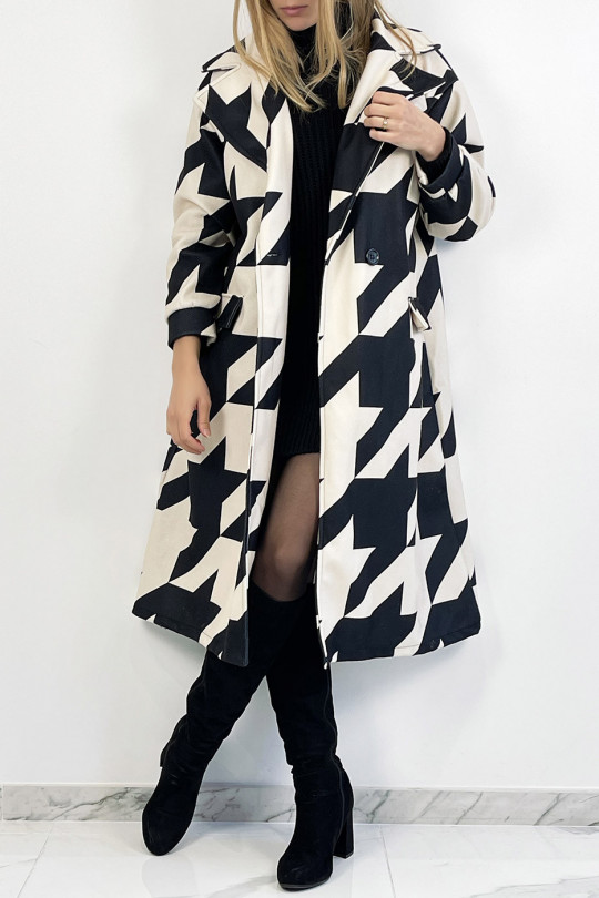 Beige mid-calf length coat with black geometric pattern with side pocket, lapel collar and raglan sleeves. - 6