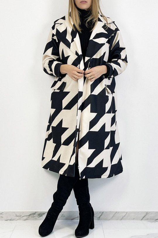 Beige mid-calf length coat with black geometric pattern with side pocket, lapel collar and raglan sleeves. - 7