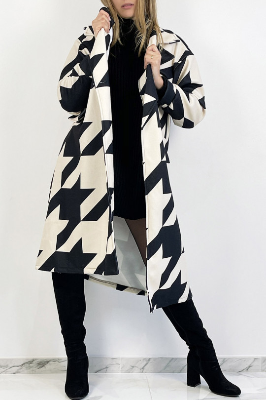 Beige mid-calf length coat with black geometric pattern with side pocket, lapel collar and raglan sleeves. - 8