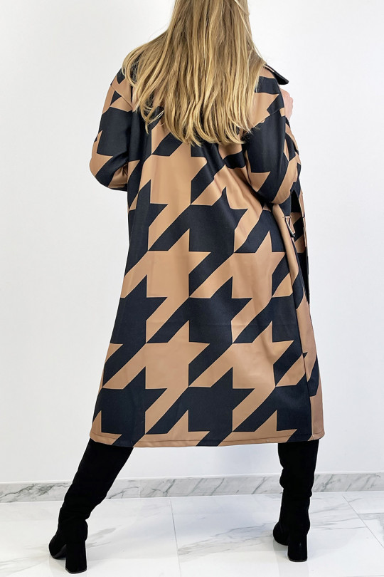 Camel mid-calf length coat in black geometric pattern with side pocket with lapel collar and raglan sleeves. - 1