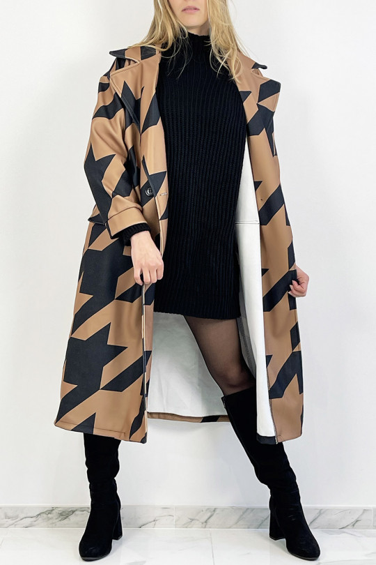Camel mid-calf length coat in black geometric pattern with side pocket with lapel collar and raglan sleeves. - 6