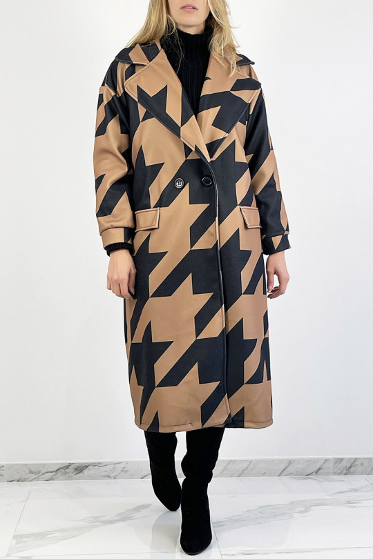 Camel mid-calf length coat in black geometric pattern with side pocket with lapel collar and raglan sleeves. - 9