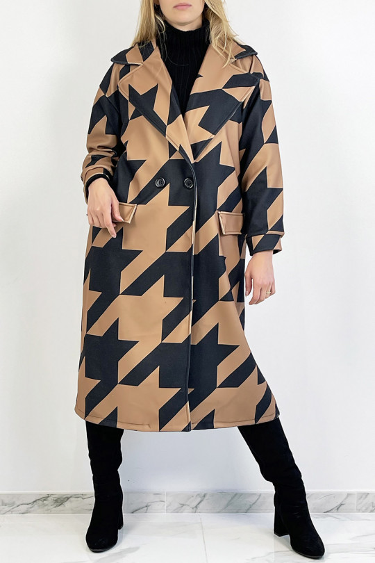 Camel mid-calf length coat in black geometric pattern with side pocket with lapel collar and raglan sleeves. - 10