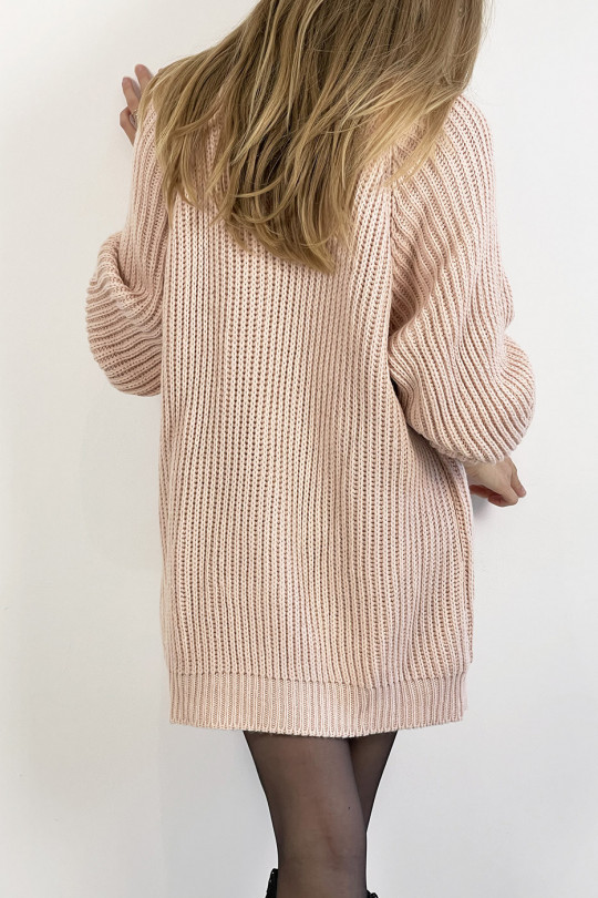 Powder pink knit effect sweater dress straight cut puffed sleeve and high collar - 1