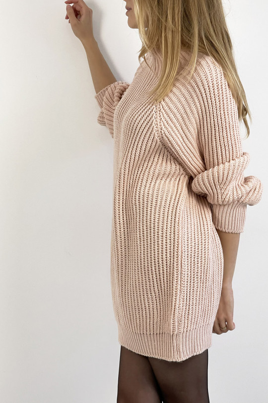Powder pink knit effect sweater dress straight cut puffed sleeve and high collar - 2