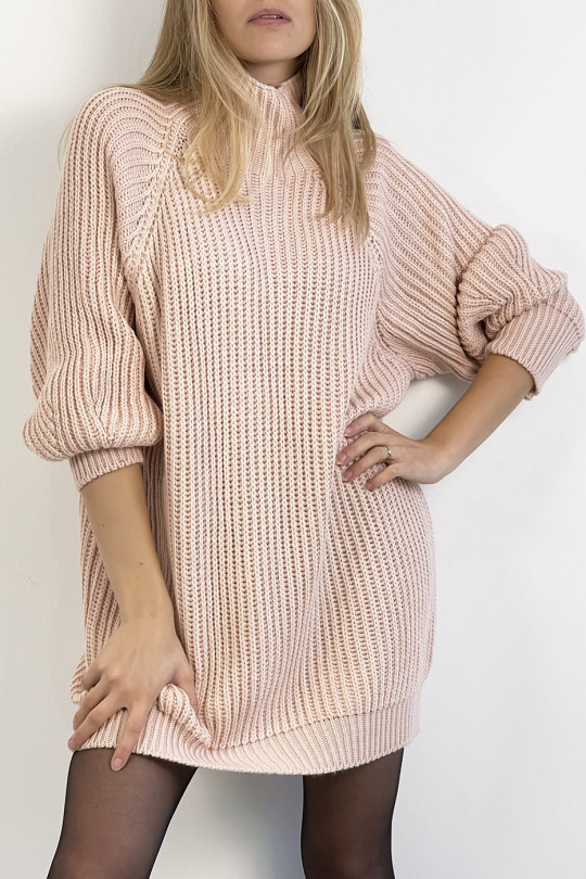 Powder pink knit effect sweater dress straight cut puffed sleeve and high collar - 3