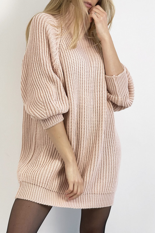 Powder pink knit effect sweater dress straight cut puffed sleeve and high collar - 4
