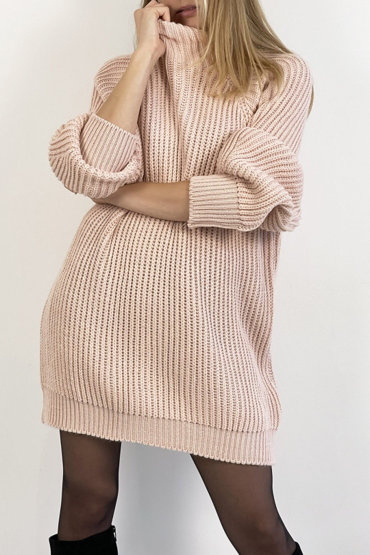 Powder pink knit effect sweater dress straight cut puffed sleeve and high collar - 6