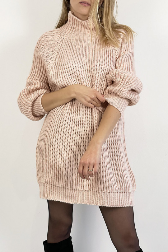Powder pink knit effect sweater dress straight cut puffed sleeve and high collar - 8