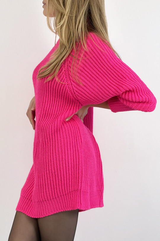 Fuchsia knit effect sweater dress straight cut puffed sleeve and high collar - 3