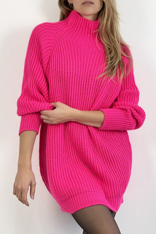 Fuchsia knit effect sweater dress straight cut puffed sleeve and high collar - 7