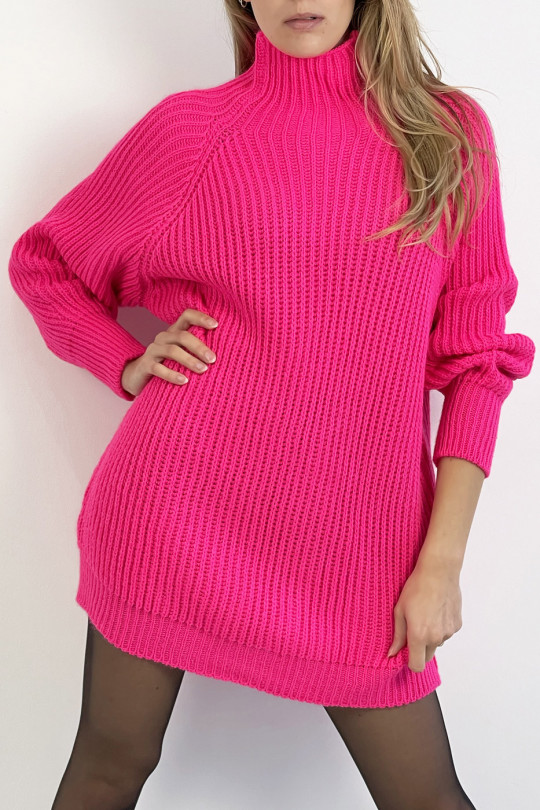 Fuchsia knit effect sweater dress straight cut puffed sleeve and high collar - 9