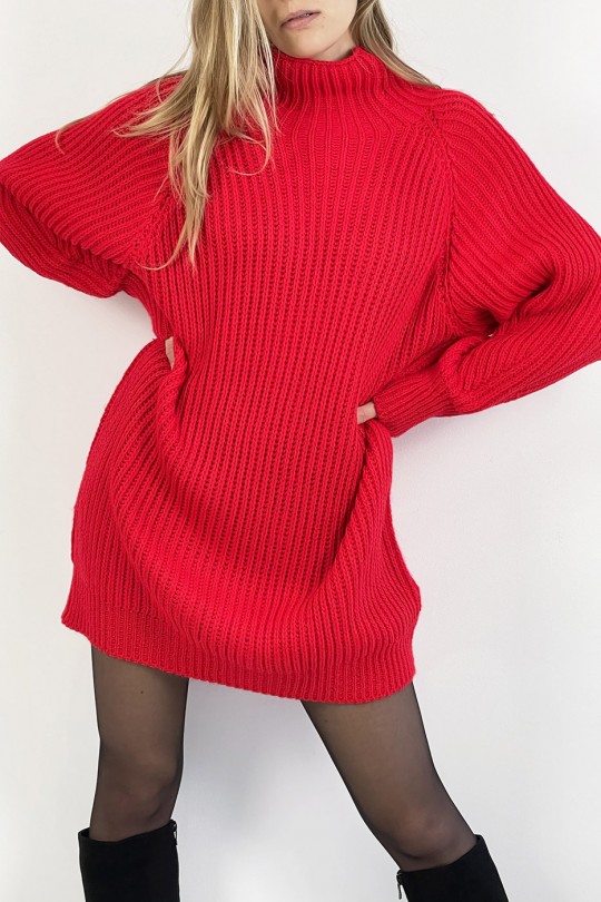 Red knit effect sweater dress straight cut puffed sleeve and high collar - 2