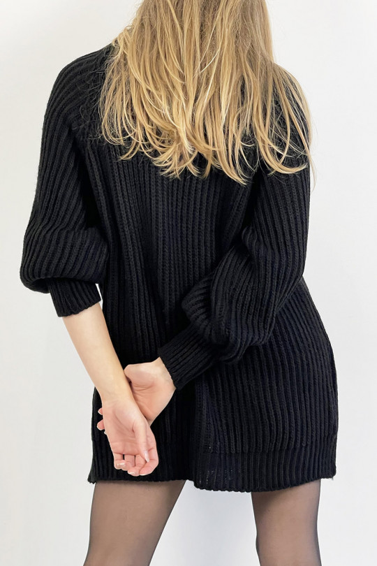 Black knit effect sweater dress straight cut puffed sleeve and high collar - 1