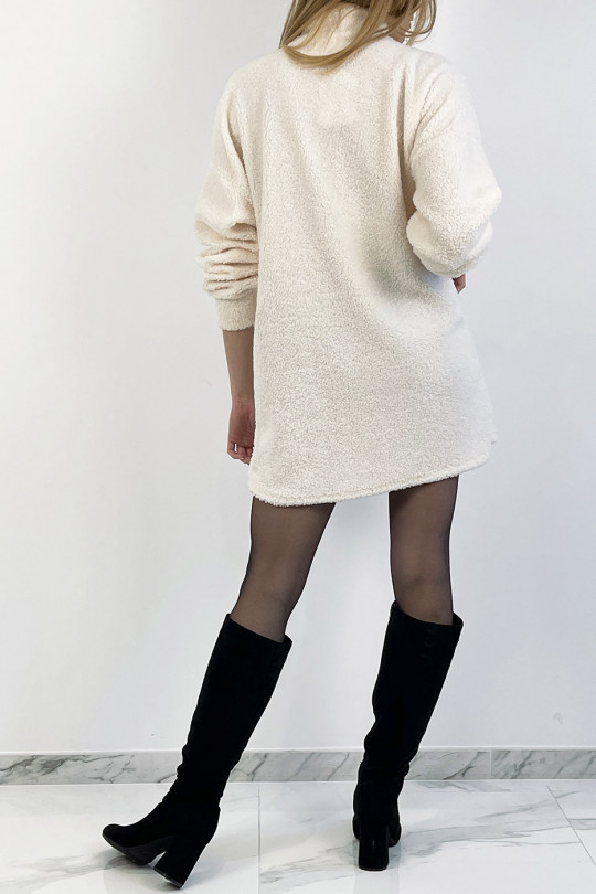 Short white sweater dress with moumoute effect with high neck, soft warm and comfortable to wear - 1